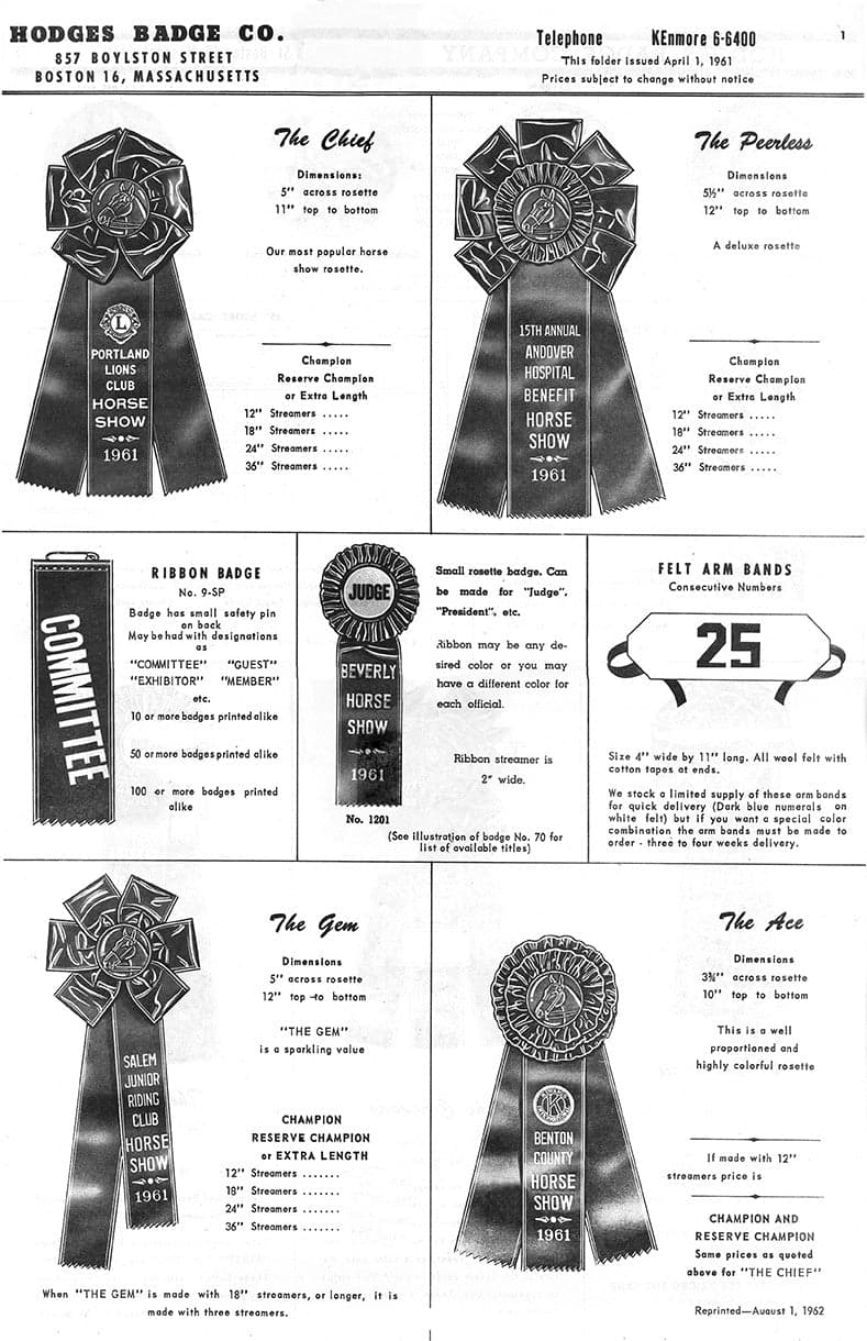 1961 equestrian flyer from Hodges Badge Company