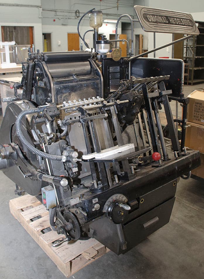 Heidelberg printing press at Hodges Badge Company