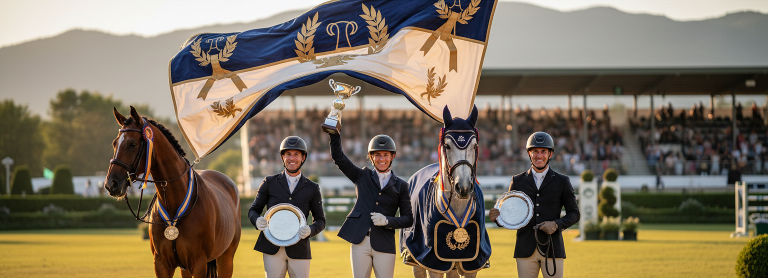 Equestrian award ceremony with champions holding trophies and medals